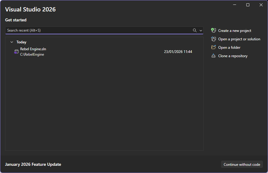 ../../_images/visual-studio-start-screen-with-Rebel-Engine-sln.png